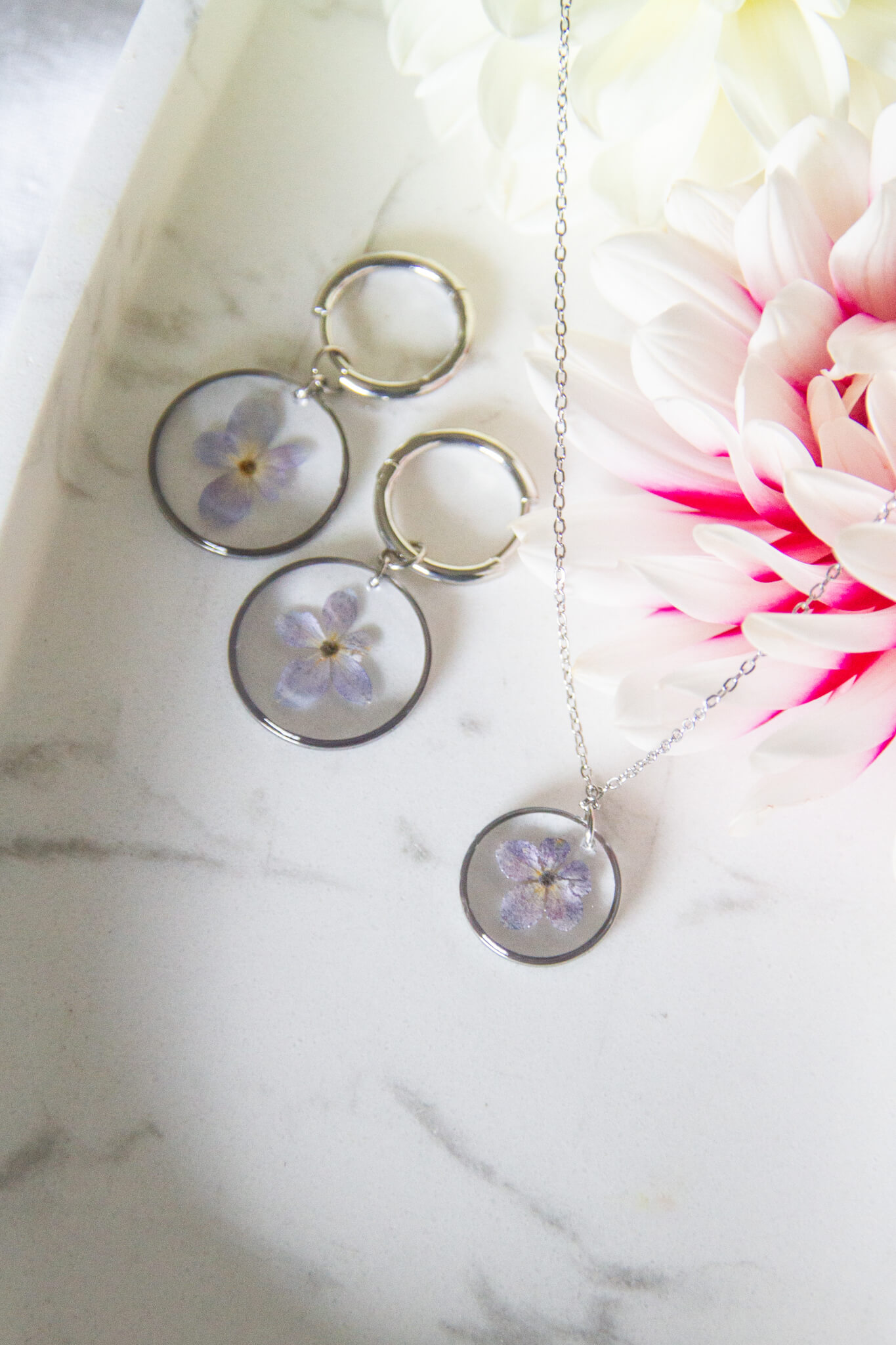 Botanical resin necklace & earrings: Blue Hydrangea set