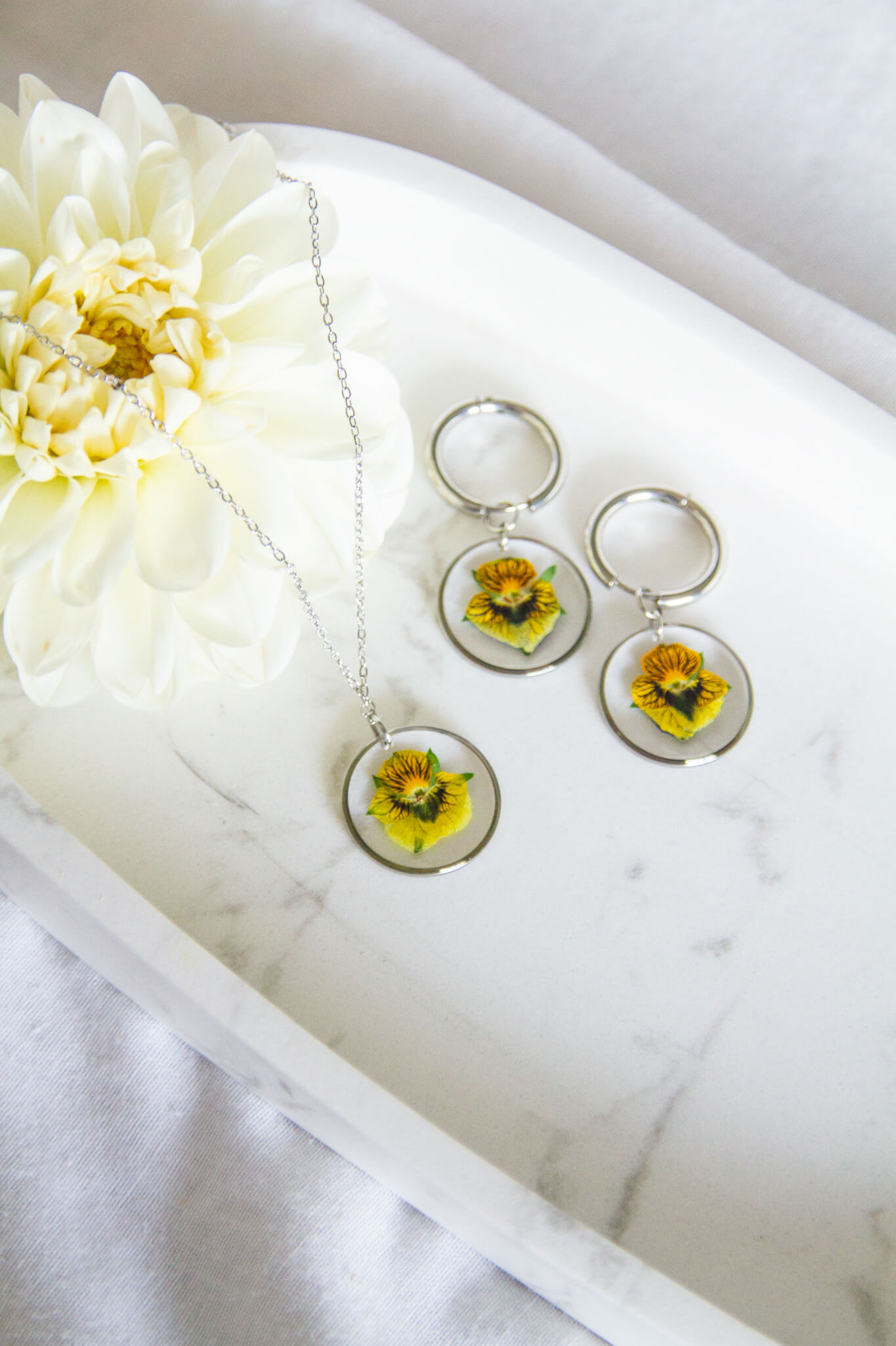 Botanical resin necklace & earrings: Viola stainless-steel set