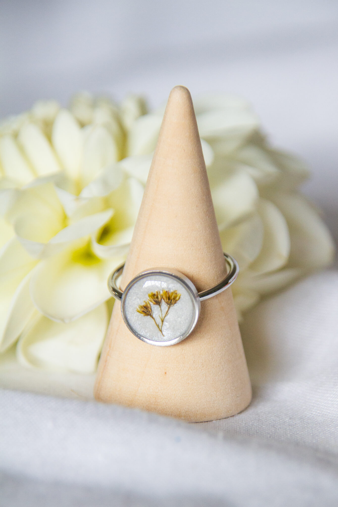 Botanical resin ring - Golden rod ring - Real golden rod flowers set in a 12mm round stainless-steel ring.