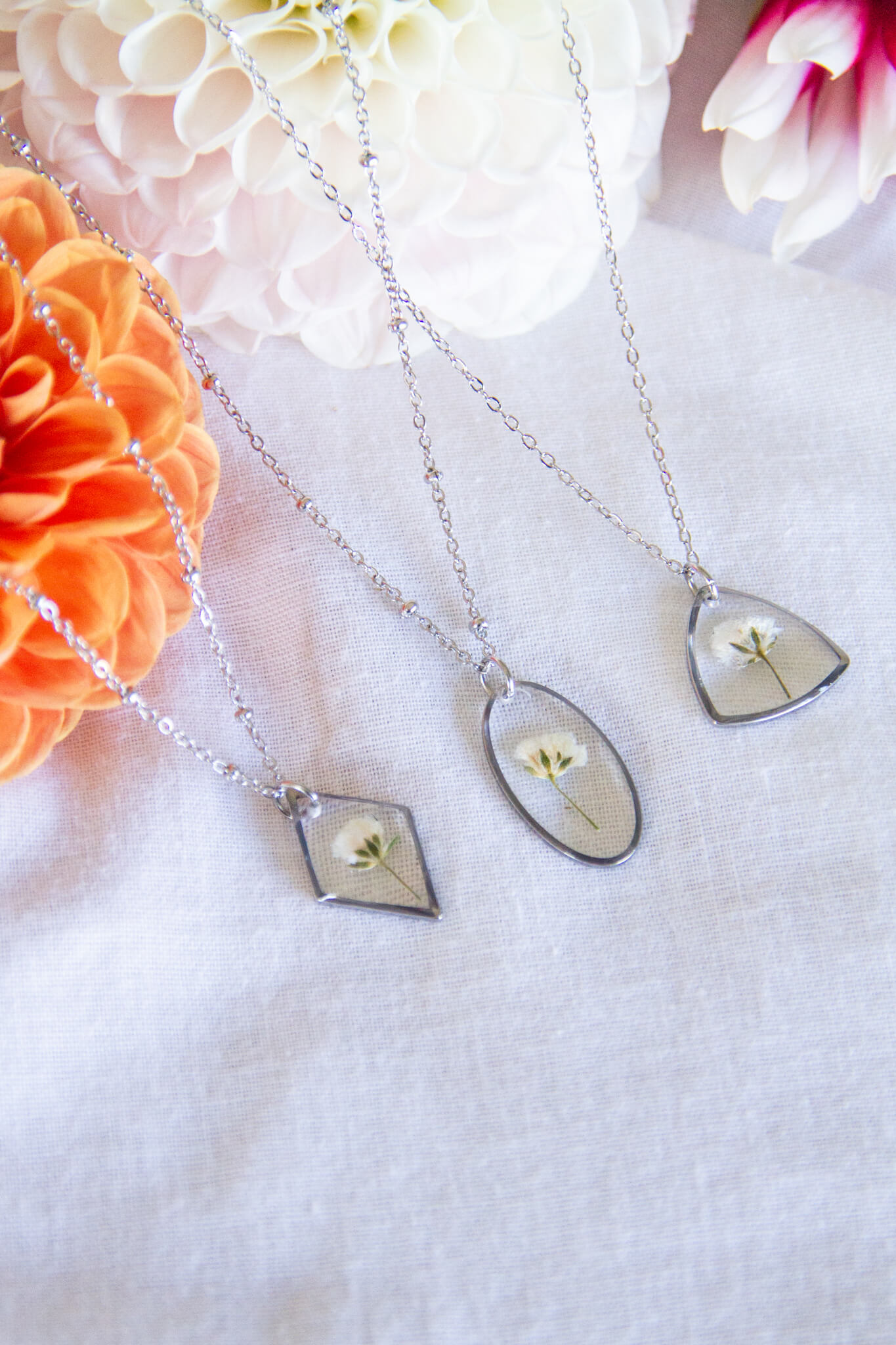 Botanical resin necklace-Gypsy stainless-steel necklace with oval, rhombus & rounded pendants