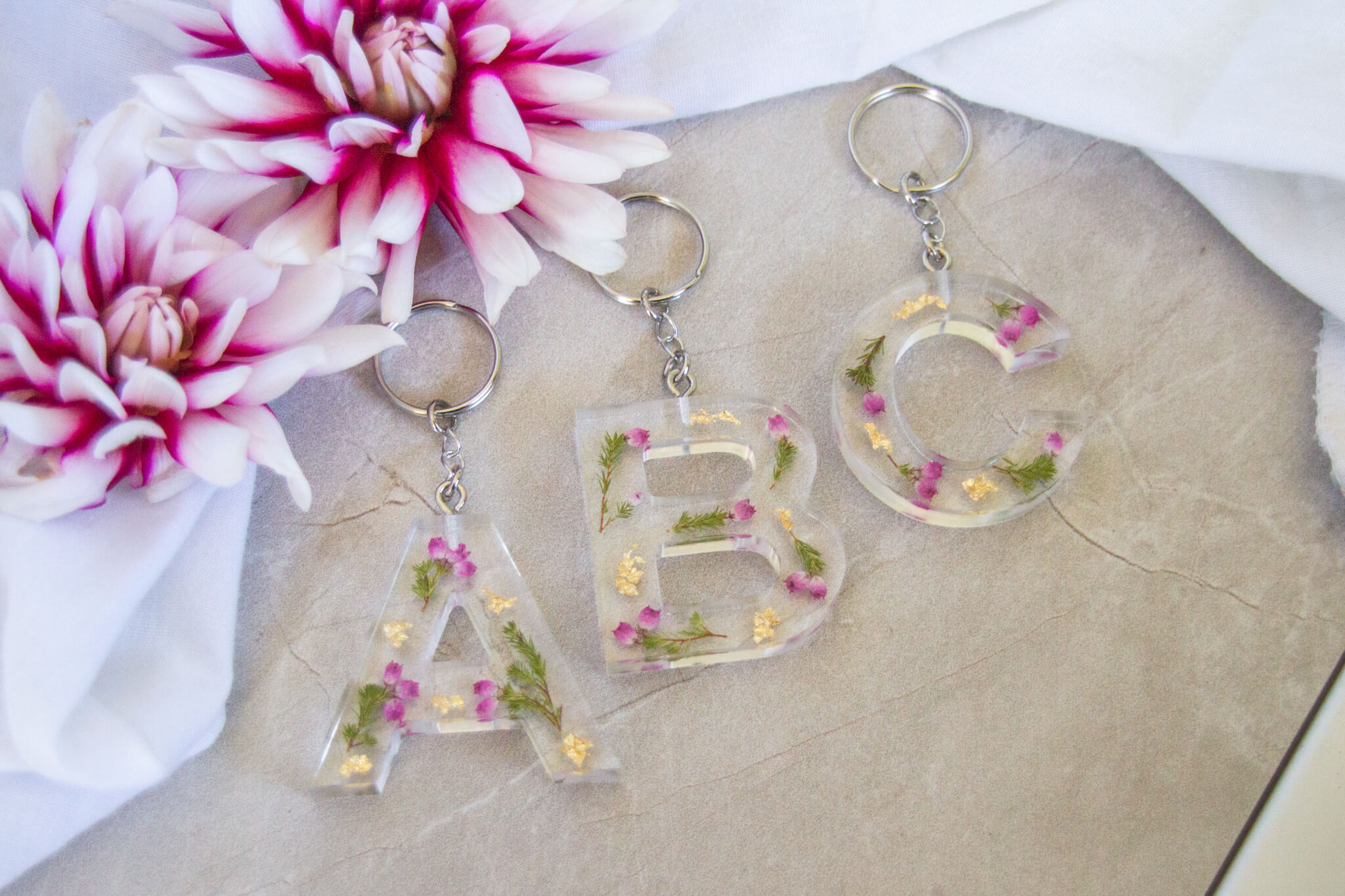 Botanical resin keychains - Erica alphabet letter keychains: A,B,C