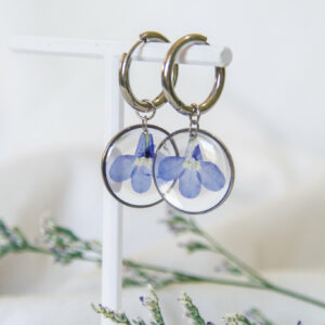 Botanical resin earrings: Blue lobelia stainless-steel earrings - Huggies with 20mm medium circle pendants