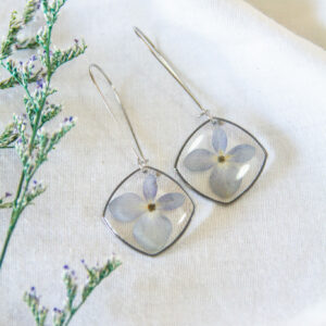 Botanical resin earrings: Blue Hydrangea stainless-steel earrings - 30mm kidney hooks with 23mm large rounded square pendants