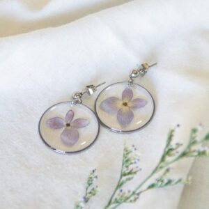 Botanical resin earrings: Purple Hydrangea stainless-steel earrings- 4mm ball studs with 25mm circle pendants