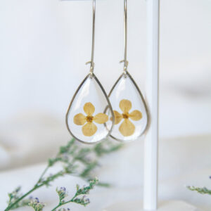 Botanical resin earrings: Light Brown Hydrangea stainless-steel earrings - 30mm kidney hooks with 25mm large teardrop pendants